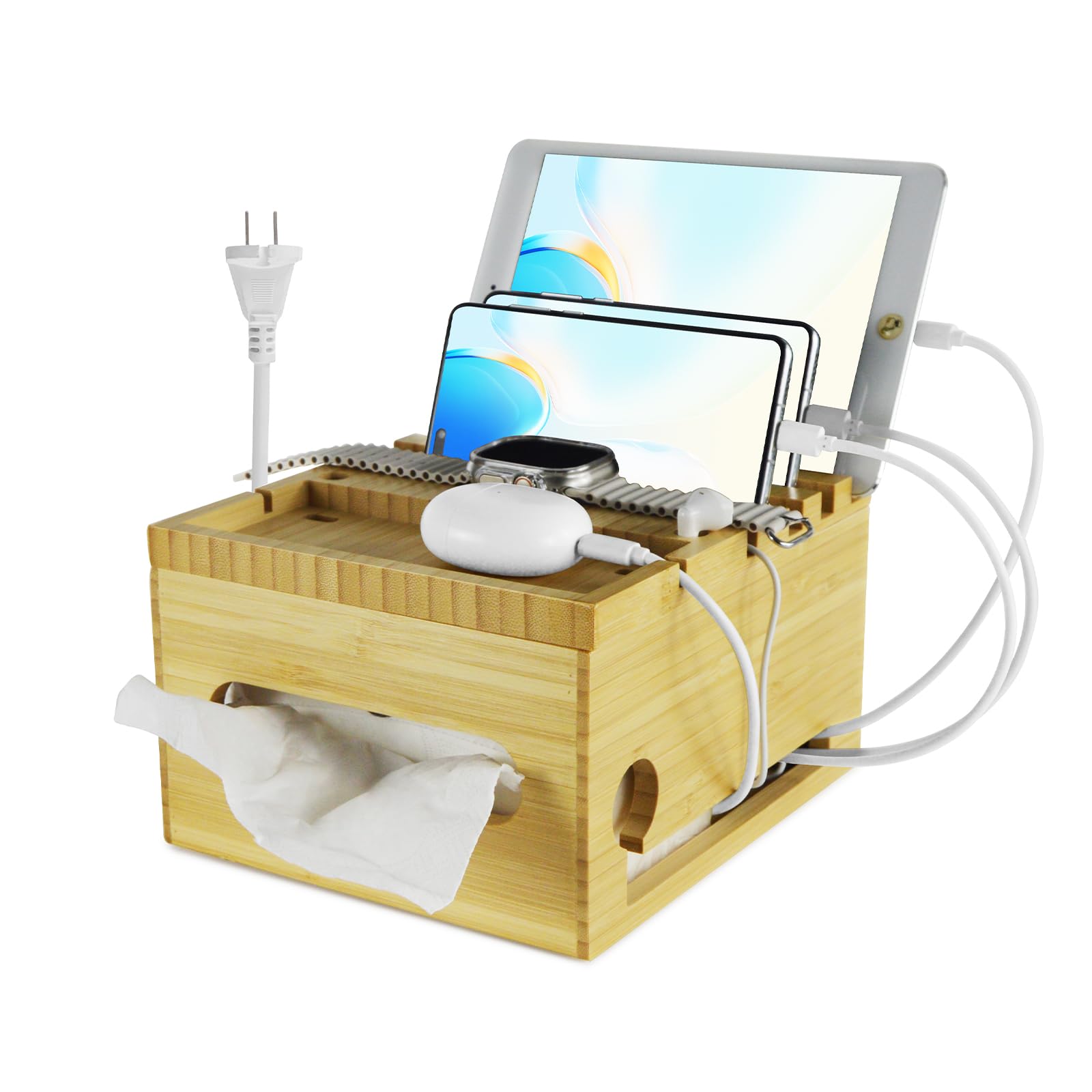 Photo 1 of PerFecYee Eco-Friendly Bamboo Device Charging Stasion Organizer - Multi-Devic Manager, Cell Phone Holder and Tissue Box Combination Design - Multi-Device Charging Station, Home Charging Station