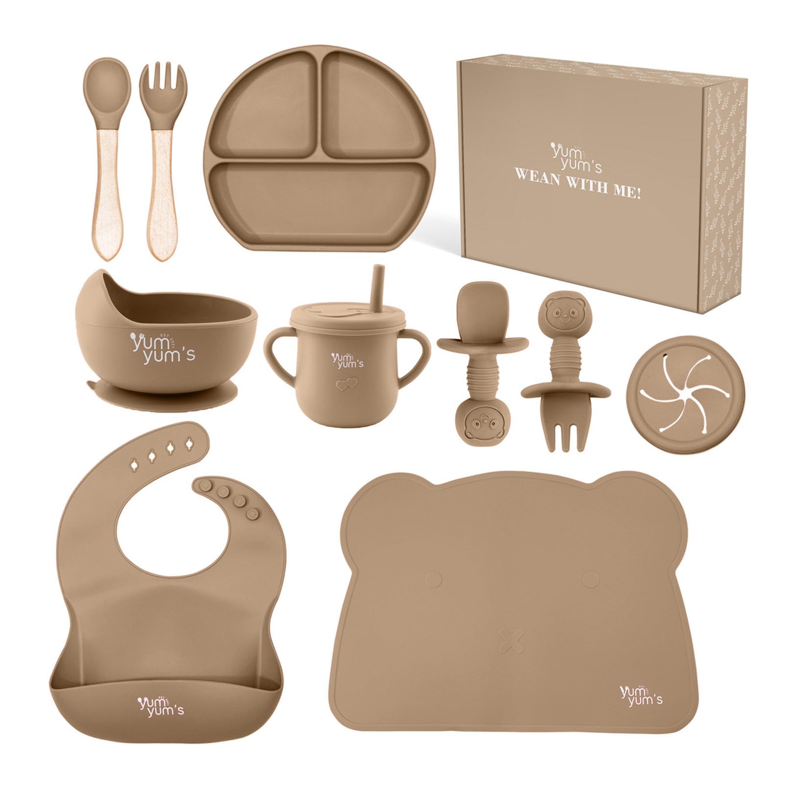Yum Yum's Baby 10 Pcs Mocha Weaning Set - Complete Toddler Feeding Kit w/Sectioned Plate, Suction Bowls, Cutlery with Mouth Guard, Straw Cup, Bib & Mat - Non-Slip - for Toddlers & Baby Gift โ image 1