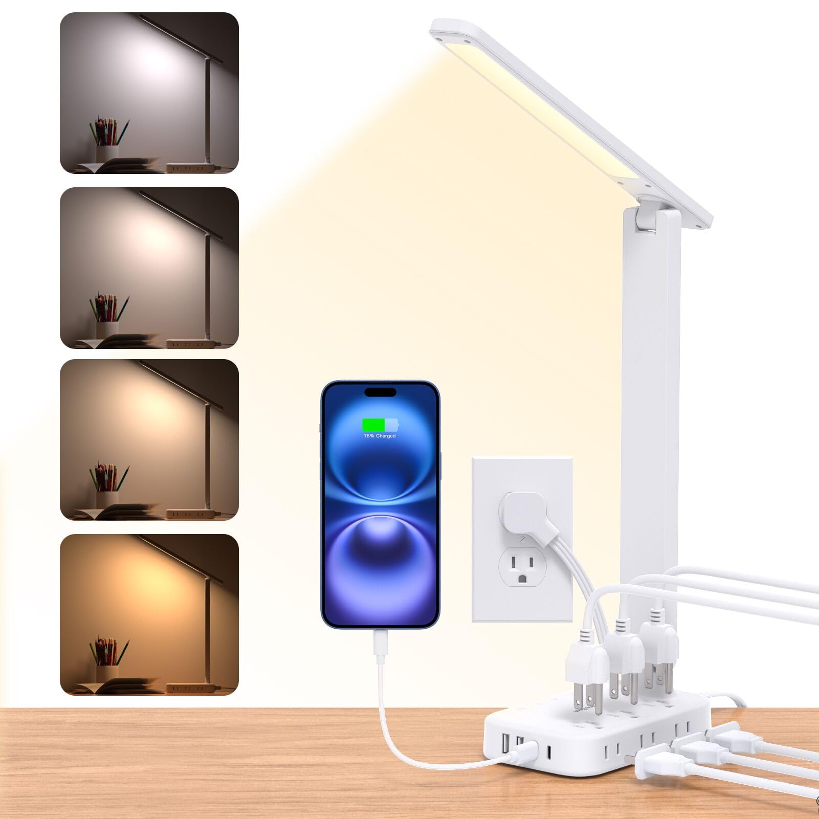 Photo 1 of One Beat Desk Lamp with 6 Outlets 4 USB Ports(2×USB-C),Eye Protection Table Lamp Power Strip with 4 Color Modes 5 Brightness Touch LED Desk Lamps for Home Office College Dorm Room Essentials(White