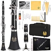 Rhythm Bb Clarinet 17 Nickel Keys Woodwind Band &amp; Orchestra Musical Instruments for Beginners Includes Case, Stand, 10 Reeds and Cleaning Kit-Black/Silver keys