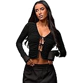 OYOANGLE Women's Tie Front Long Sleeve Shirt Y2k Crop Top Cut Out Fitted Mesh Blouse Going Out