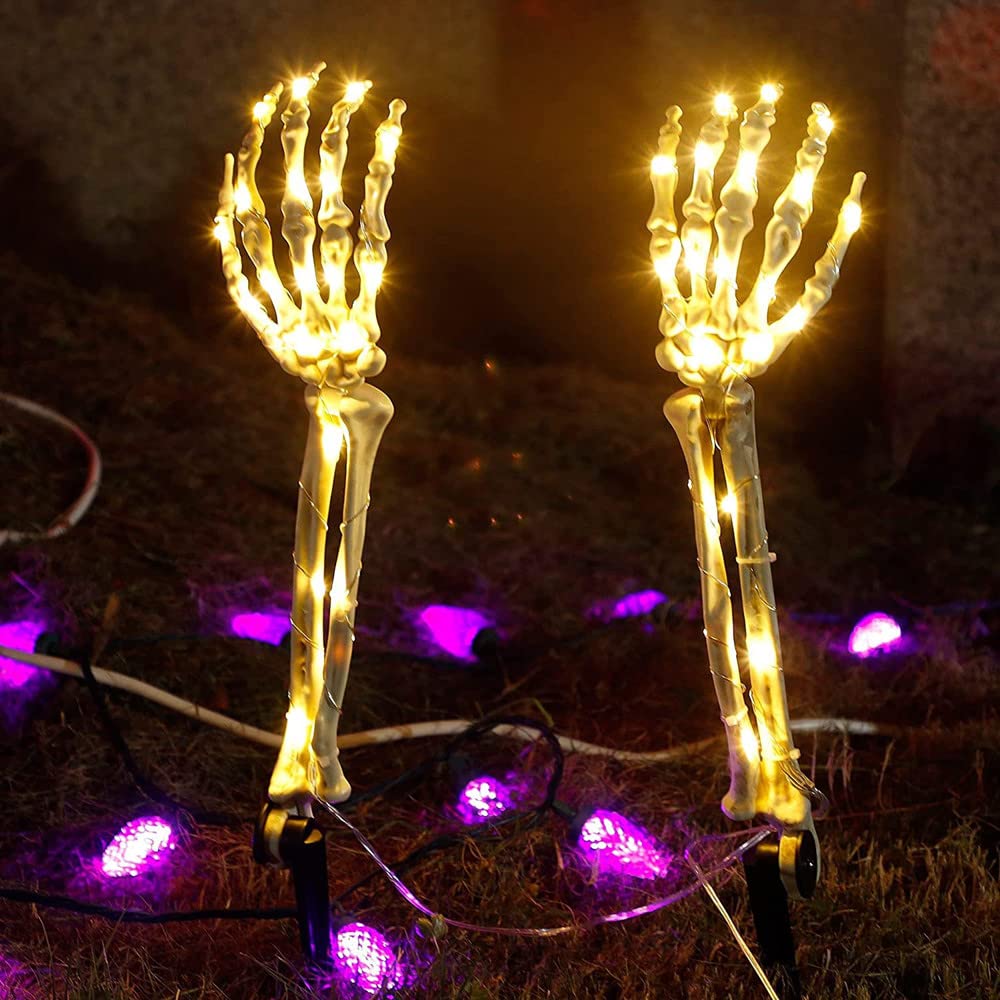 KISUFU Halloween Decoration Solar Lights, 2PCS Skeleton Skull Spooky String Lights 40 LEDs Waterproof Outdoor lights, Garden lights for Halloween Party Porch Fireplace Indoor/Outdoor Decor