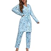 3-Piece Pajama Sets for Women 2025 Floral and Butterfly Print Pajama Set Nightwear Long Pants & Belted Robe