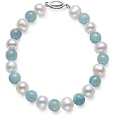 Belacqua Cultured Freshwater Pearl and Natural Milky Blue Aquamarine Gemstone Bracelet in Sterling Silver, Length - 7.5 Inches, Fishhook Clasp, Real Pearl Jewelry for Women, Gift Box Included