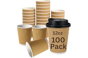 Levé (100 Pack – 12oz) Kraft Ripple Wall with Lids, Hot & Cold Paper Cups | Disposable Coffee Cups & Eco-Friendly for Coffee,