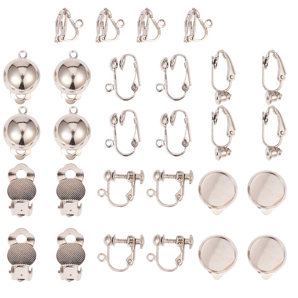 SUNNYCLUE 1 Box 7 Styles Clip-on Earring Converters Non-pierced Earring Components Include Cabochon Setting & Dangle Clips with Easy Open Loop for DIY Jewellery Making