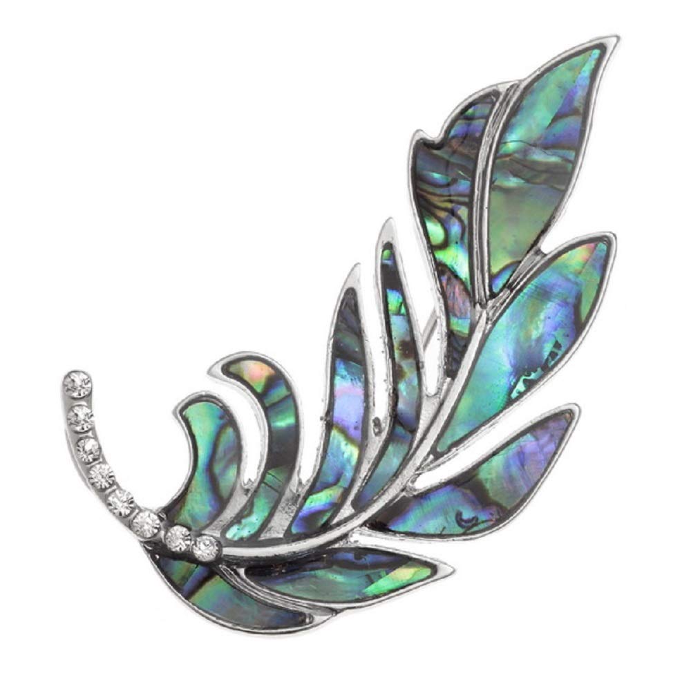 BellaMira Lifestyle Accessories Brooch Lapel Pin Inlaid with Sustainable Ethically Sourced Abalone Shell Silver Plated Jewellery for Women Girls Gift Boxed (Feather Brooch)