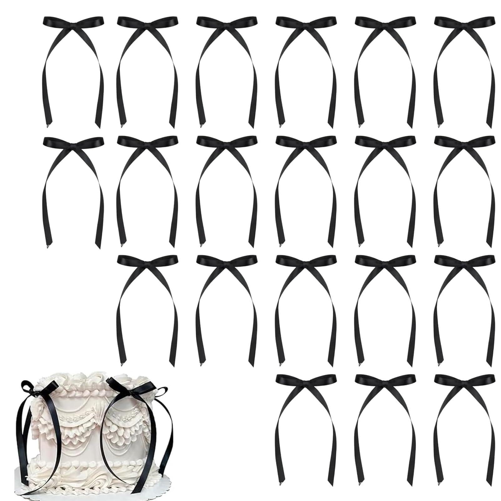 40Pcs Black Ribbon Cake Bows Topper | Elegant Reusable Cake Decorations for Birthday | Wedding | Baby Shower | Christmas Table Settings