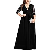 ZOMVA Plus Size Foraml Maxi Dress Deep V-Neck 3/4 Sleeve Lace Chiffon Wedding Dresses Cocktail Party Prom Evening Gown