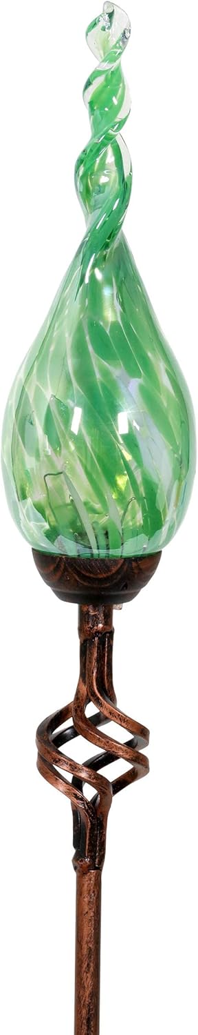 Decorative Garden Stakes - Exhart Garden Solar Lights, Decorative LED Flame Garden Stake, Hand Blown Glass and Metal Outdoor Decoration, Twist Green, 3 x 36 Inch