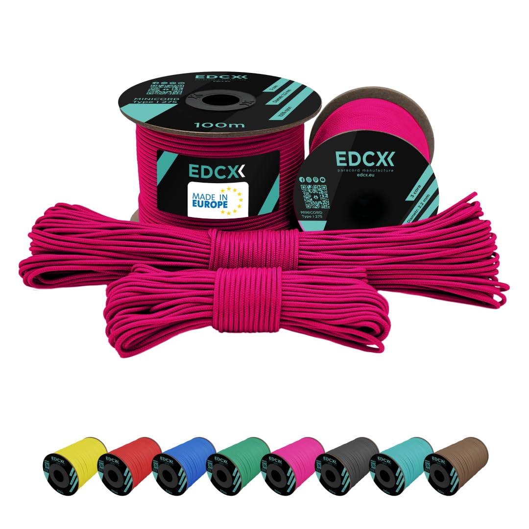 EdcX 2 mm Nylon Paracord 275 (15, 30, 50 and 100 m)– 100% Nylon rope, 3-Strand cord, Nylon cord 2 mm in Many Colours (Sofit Pink, 30 m)