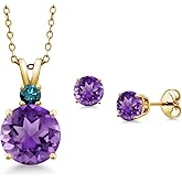 Gem Stone King 18K Yellow Gold Plated Silver Round Purple Amethyst and Blue Diamond Pendant and Earrings Jewelry Set For Women (4.45 Cttw, Gemstone Birthstone, with 18 Inch Chain)