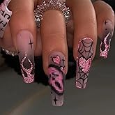 Halloween Press on Nails Long Coffin Fake Nails with Designs Cute Ghost False Nails Heart Flame Spider Skull Glue on Nails Full Cover Suqare Artificial Acrylic Stick on Nail for Women Girls 24 Pcs