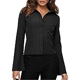 ECHOINE Women Button Down Shirts Long Sleeves Slim Fitted Casual Collared Blouses Work Striped Tops