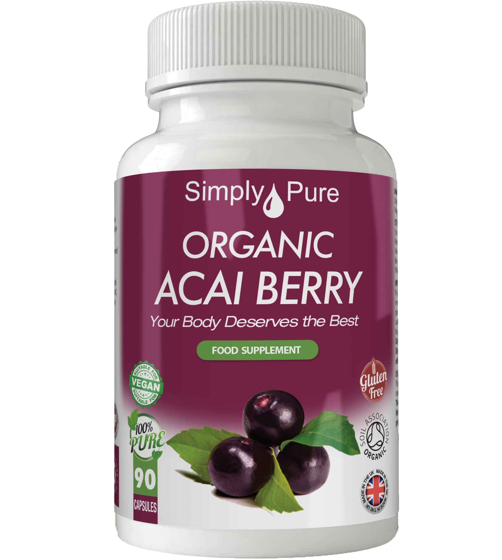 Simply Pure Organic Acai Berry for Antioxidant and Cognitive Boost | 500mg Capsules x 90 | 100% Pure Soil Association Certified | Gluten Free | GM Free | Vegan