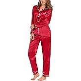 SWOMOG Womens Silk Satin Pajamas Set Long Sleeve Button Down Sleepwear 2 Piece Lounge Set Pj Set XS-3XL