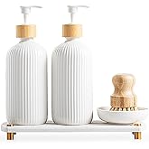 Getstar Hand and Dish Soap Dispenser Set, Ceramic Soap Dispenser for Bathroom and Kitchen with Rust Proof Pump and Tray, Set of 2 (White Pump&Body w/Brush)
