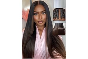 UNICE Chestnut Brown Ombre Yaki Straight 7x5 Pre Cut HD Lace Front Wigs Human Hair with Drawstring Bye Bye Knots Glueless Wig Pre Plucked Bleached Knots Natural Hairline 150% Density 20 inch