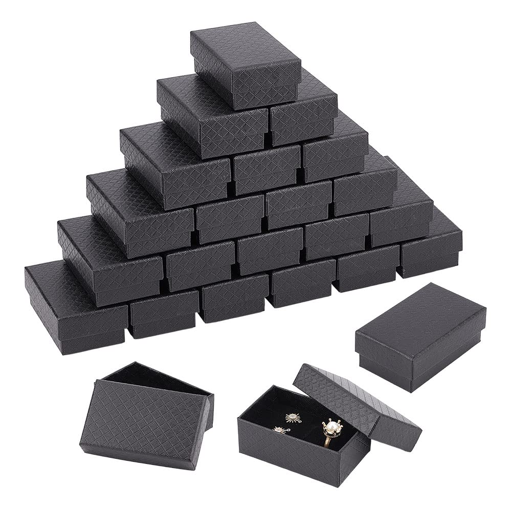BENECREAT 24 Packs Black Diamond Pattern Cardboard Jewelry Boxes, 8x5x3cm Cardboard Jewelry Gift Boxes with Velvet Sponge Insert for Christmas Party, Halloween, Anniversaries, Weddings