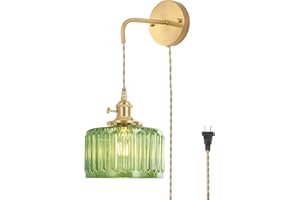 Shenmoyl Vintage Wall Sconce Wall Lamp with Green Striped Glass Shade Hanging Wall Sconce with 4.9FT Plug in Cord, Modern Wall Lamp Fixtures Decor for Bedside Bedroom Indoor Doorway