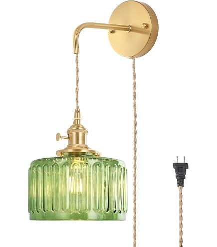 Vintage Battery Operated Wall Sconce – Green Glass Cordless Lamp With Remote Control, Rechargeable 7200mAh Bulb, 8 Brightness Levels, 3 Color Temps, RGB Colors, Timer & Memory, For Bedroom, Living Room, Hallway