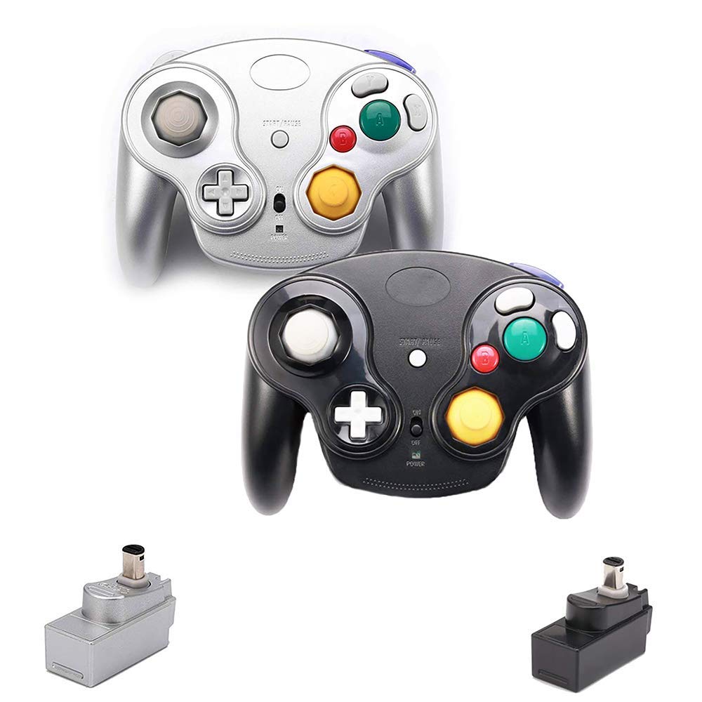 VTone Wireless Game Cube Controller, 2 Pieces 2.4G Wireless Classic Gamepad with Receiver Adapter for Wii Game Cube NGC GC (Black and Silver)