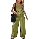 SENSERISE Pants Sets Women 2 Piece Outfits Bubble Off Shoulder Strapless Tube Top Wide Leg Pants Matching Fall Sets