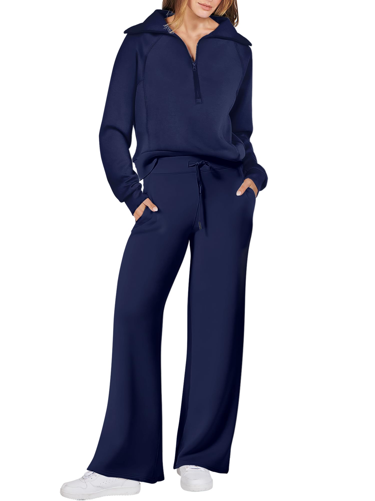 Photo 1 of ANRABESS Women 2 Piece Outfits 2025 Fall Fashion Airport Wide Leg Pants Lounge Set Leisure Travel Vacation Clothes Sweatsuits Navy Blue Small