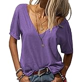Grlasen Women Summer Deep V-Neck Short Sleeve Tops Fashion Casual Solid Loose Basic T Shirt