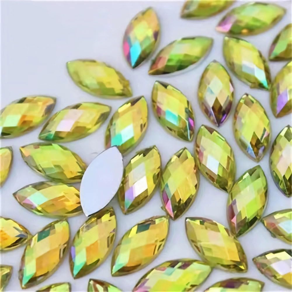 Photo 1 of 100 Pcs 15x7mm AB Colorful Jewels Gems Rhinestones for Crafts, Horse Eye Flatback Acrylic Gemstone for Halloween Party Decorations Clothing Wedding Dress DIY Crafting Accessories(12 Lemon Yellow AB)