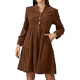 Jayscreate Women's 2025 Long Sleeve Corduroy Dress Above Knee A-Line V Neck Fall Winter Short Work Dress