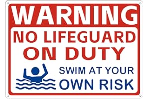 AZREFERENCE Warning No Lifeguard On Duty Large Sign, 10x14 Inches Swim at Your Own Risk Pool Metal Signs Legal, Rust Free .040 Aluminum, for Pools Beach Water Parks Outdoor