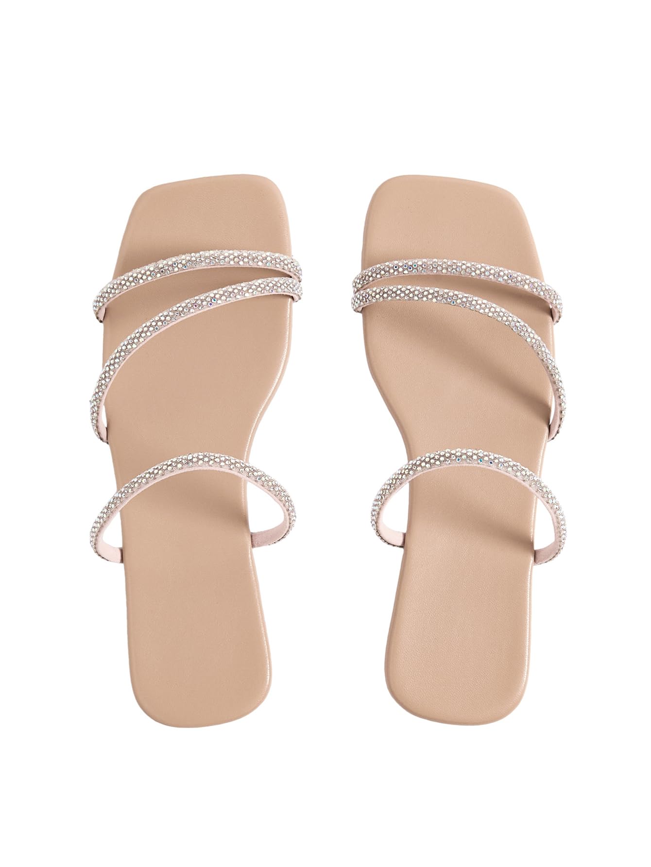 Photo 1 of GORGLITTER Women's Rhinestone Flat Sandals Strappy Slip on Open Toe Slide Sandals Apricot 7