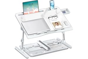 Laptop Bed Desk, Potuopy Adjustable Folding Lap Desk Tray, X-Large Wide Stable Bed Table Tray with Drawer on Couch Floor Bed for Eating Writing Drawing Working, Marble
