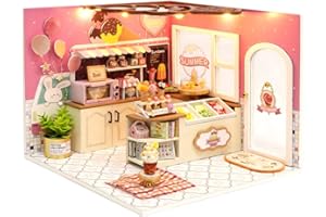 TuKIIE DIY Miniature Dollhouse Kit with Furniture, 1:24 Scale Creative Room Mini Wooden Doll House Accessories Plus Dust Proof for Kids Teens Adults(Ice Cream Shop)