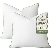 Ashler Synthetic Down Pillow Inserts, 20x20, Set of 2 | Down Alternative, 100% Cotton Cover, Decorative Pillow for Couch, Fluffy Cushion Sham Stuffer, Hypoallergenic