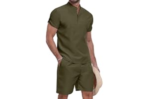 YTD Men's 2 Pieces Set Short Sleeve Henley Shirts and Shorts Texture Summer Beach Vacation Outfits