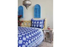 Saffron Marigold Blue Floral Queen Duvet Cover 100% Cotton Reversible Hand Block Printed Decorative Bed Cover for Bedroom Decor - Casablanca Blues - Blue 90 x 90 Inches