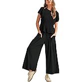 Antnation Womens 2 Piece Smocked Top Wide-Leg Pants Set High-Waisted Lounge Outfit with Pockets Casual Boho Matching Set