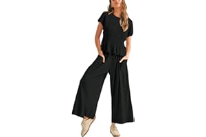 Antnation Womens 2 Piece Smocked Top Wide-Leg Pants Set High-Waisted Lounge Outfit with Pockets Casual Boho Matching Set