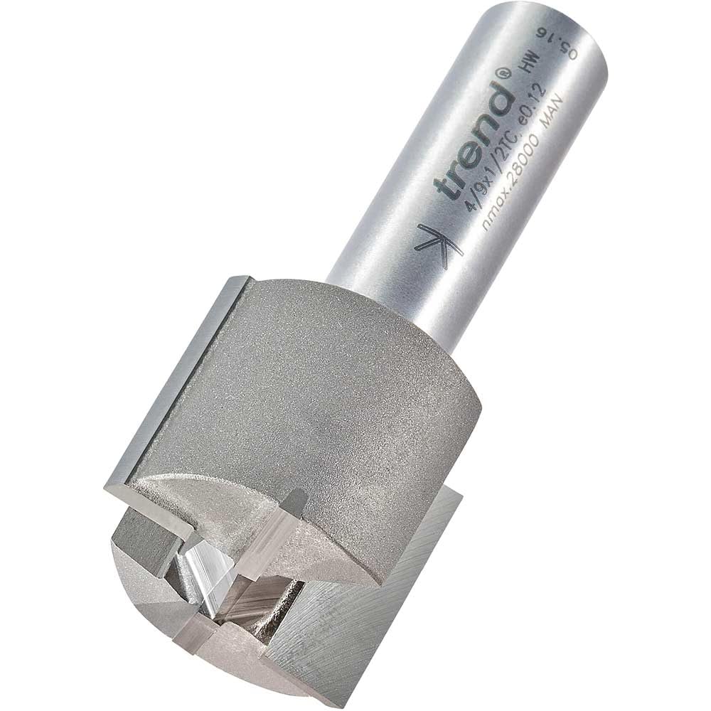 Trend Professional Straight Two Flute Router Cutter, 1/2 Inch Shank, 28.5mm Cut Diameter and 25mm Cut Length, Tungsten Carbide Tipped, 4/9X1/2TC
