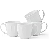 Fitz and Floyd Everyday Vintage Scalloped Set of 4 Porcelain Coffee Tea Mugs, 13 Ounce, White