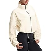 THE GYM PEOPLE Women's Fleece Cropped Jacket Full Zip Stand Collar Workout Short Sherpa Coats with Pockets Drawstring Hem
