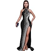 Jigfar Women Sexy Elegant Rhinestone Mesh See Through Party Club Night Split Bodycon Formal Maxi Dress