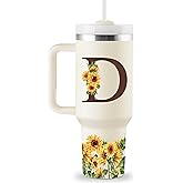 Birthday Gifts for Women - Monogrammed 40 oz Sunflower Tumbler With Handle & Straw - Personalized Gifts for Mom, Wife, Sister, Friend, Coworkers - Initial Cup