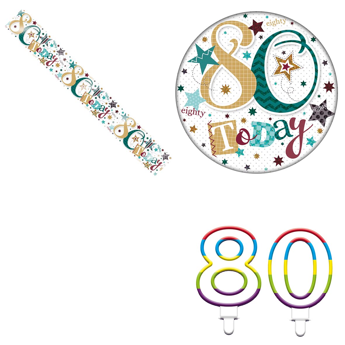 Age 80 Green, Red, Gold And Blue Star Holographic Shiny 80th Birthday Party Kit Set (Banner, Badge, Candle)