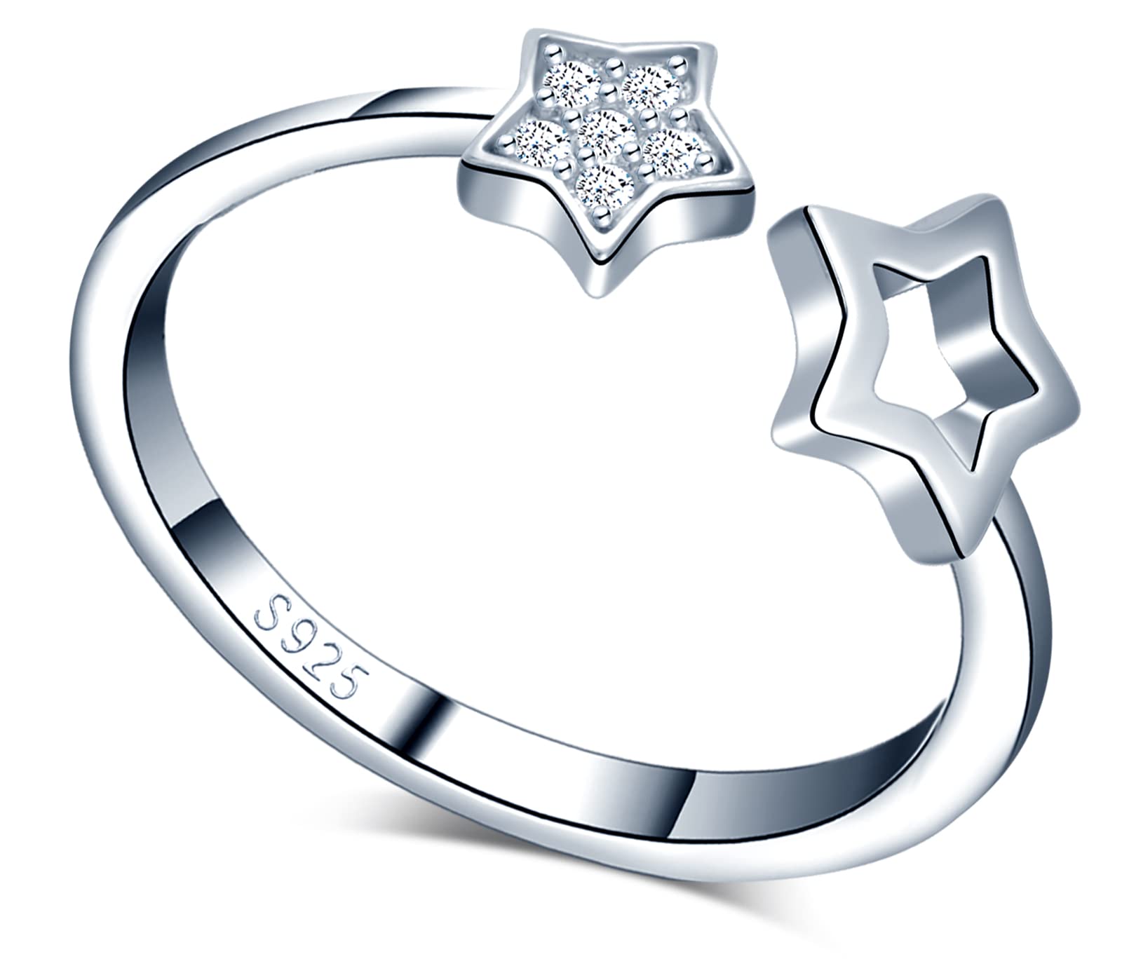 MICGIGI Women's 925 Sterling Silver Open Ring Double Star Design Adjustable Ring with Zirconia, Silver