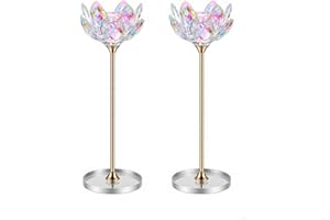 DOUNX Crystal Candle Holders Set of 2, Lotus Flower Candlestick Holders with Mirror Base, Metal Stand, Elegant Table Centerpieces for Home Decor, Wedding, Party (L)