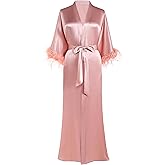 PRODESIGN Satin Kimono Robe Long Silky Bathrobe with Ostrich Feather Trim Sleepwear Wedding Bridesmaid Dressing Gown