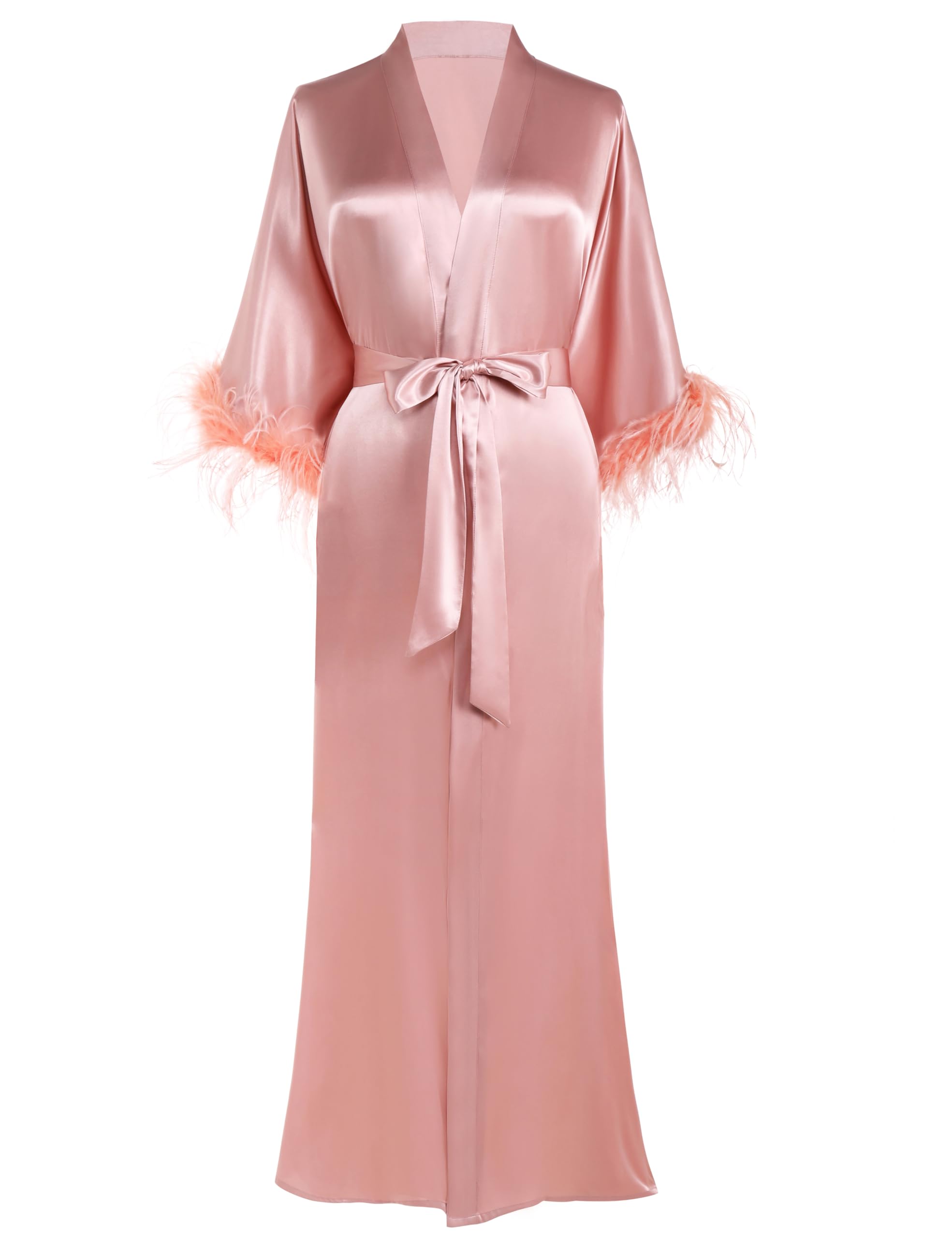 Photo 1 of  PRODESIGN Satin Kimono Robe Long Silky Bathrobe with Ostrich Feather Trim Sleepwear Wedding Bridesmaid Dressing Gown